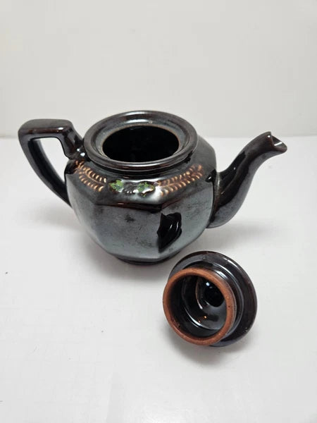 Vintage Brown Betty Redware Teapot Japan Moriage Enamel Hand Painted