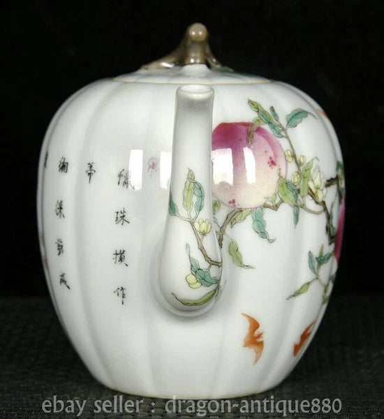 6.2" Old China Qianlong Marked Colour Enamel Porcelain Fushou Bat Peach Teapot