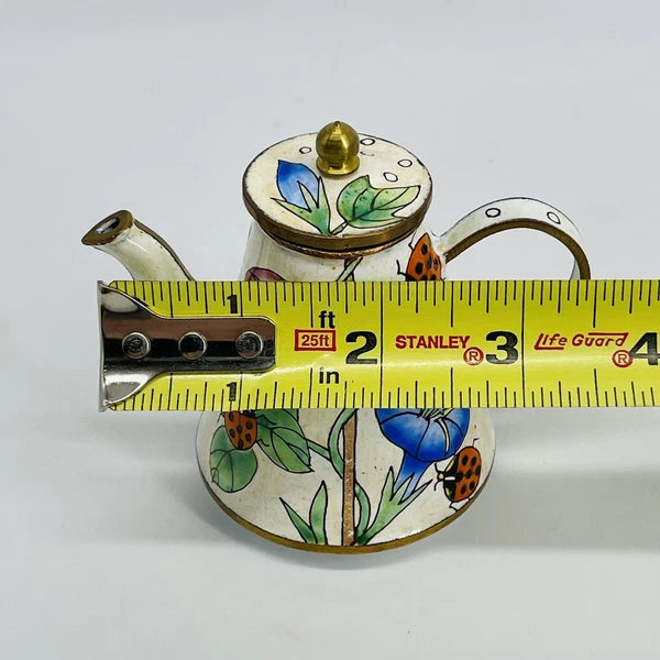 VINTAGE MINI HAND-PAINTED FLORAL LADYBUG METAL ENAMEL/BRASS TEAPOT/WATER CAN