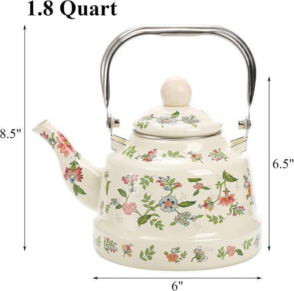 Vintage Floral Tea Kettle - 1.8 Quart Enamel Teapot with Removable Infuser