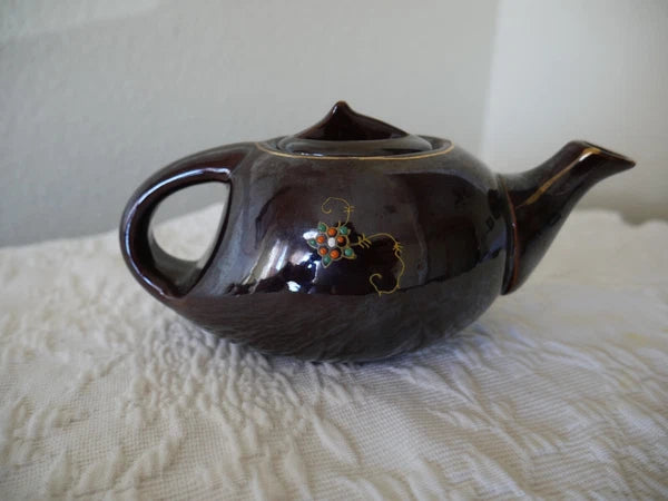 Small Long Redware Teapot Gold Trim Hand Painted Enamel Flowers Vintage Japan