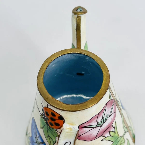 VINTAGE MINI HAND-PAINTED FLORAL LADYBUG METAL ENAMEL/BRASS TEAPOT/WATER CAN