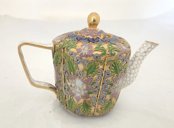 Vintage Cloisonne Enamel and Bronze 2 Teapot Set