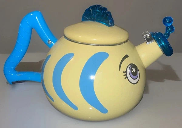 MM Kamenstein Corp. Whistling Tea Kettle Yellow Fish Teapot Enamel Kitschy READ