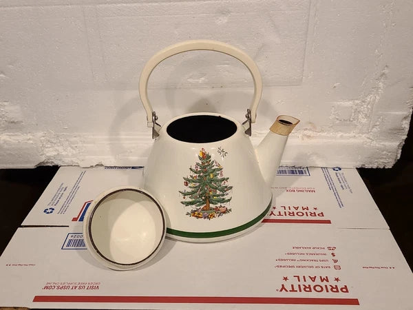Spode Christmas Tree 2.5 QT Tea Kettle Teapot Porcelain Enamel on Steel