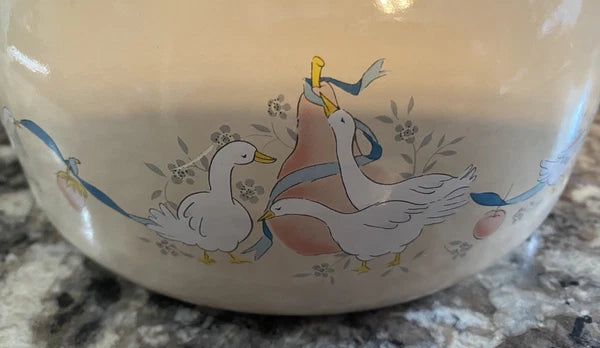 Vtg 80s International Marmalade Enamel Whistling Tea Kettle Country Goose