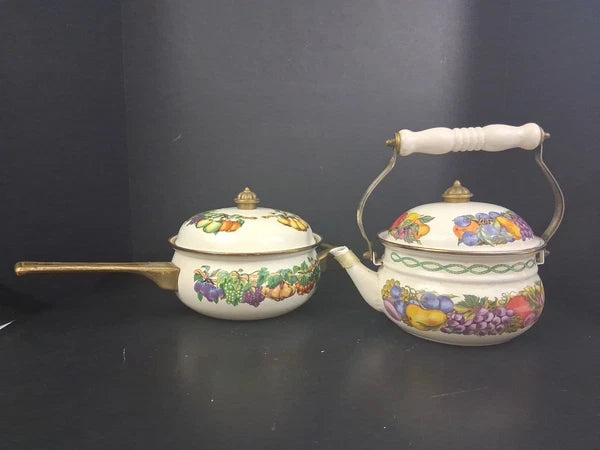 Vtg Lot Enamel Cookware Pots Tabletops Unlimited Cornucopia Teapot Brass Handles
