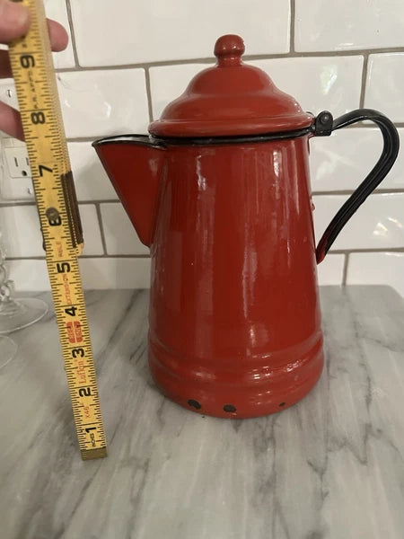 Red Enamel Teapot Metal Enamelware Farmhouse Country Vintage French