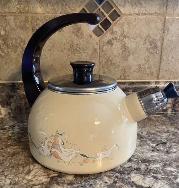 Vtg 80s International Marmalade Enamel Whistling Tea Kettle Country Goose