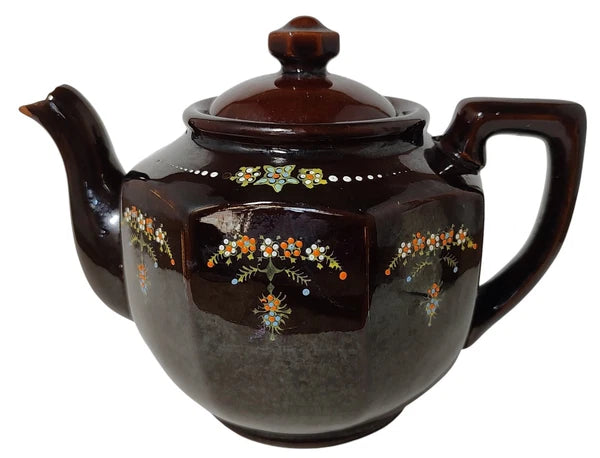 Vintage Brown Betty Redware Teapot Moriage Enamel Hand Painted Made In Japan SEE