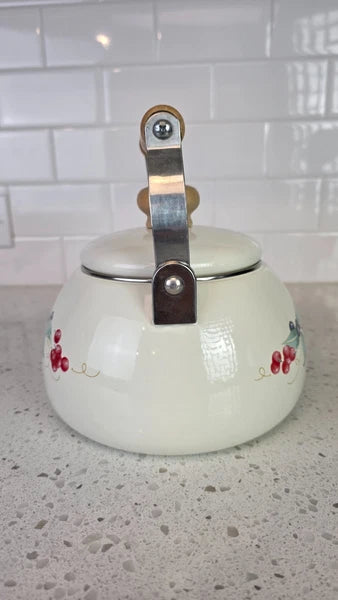 Vintage Lincoware Enamel Teapot Cream Fruit Motif Wood Handle Kettle
