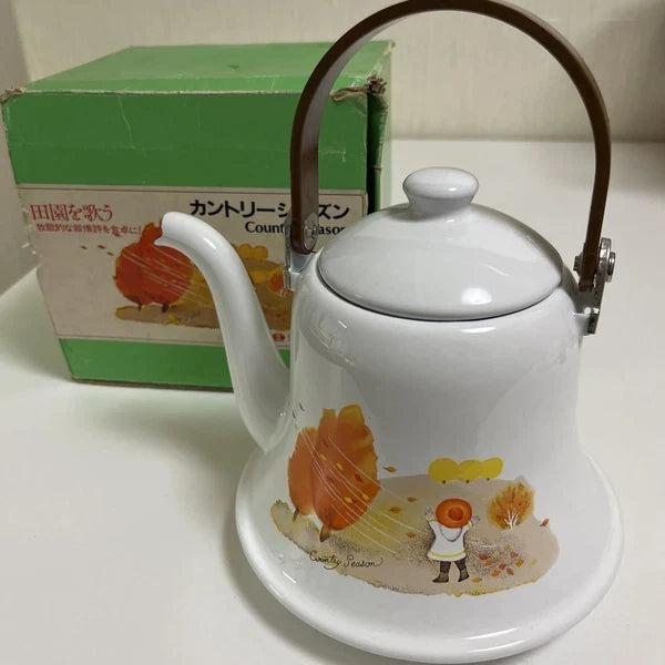 Kettle Showa Retro Bell White Enamel Coffee Tea Pot Cottage Style Used