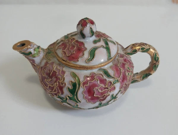 Miniature Floral Enamel Cloisonné Teapot Pink/Mauve Flowers