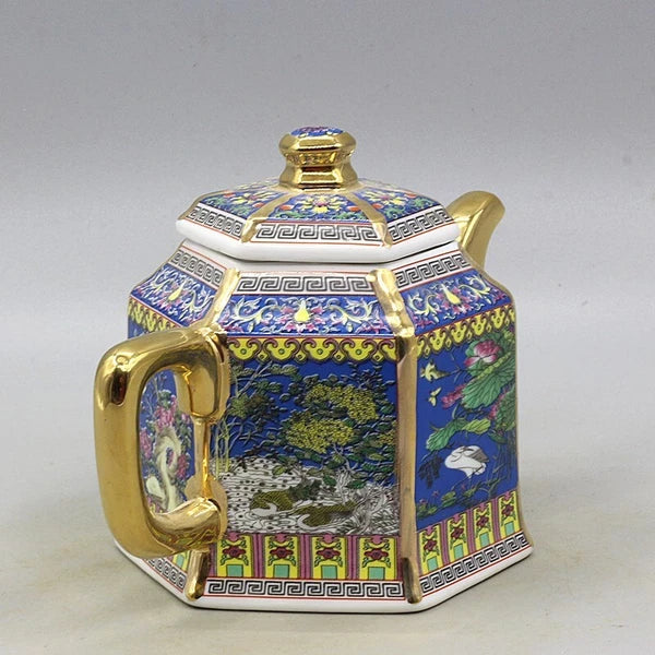 6.5" Chinese Qing Colour Enamels Porcelain Gild Crane Flower Six Sides Teapot