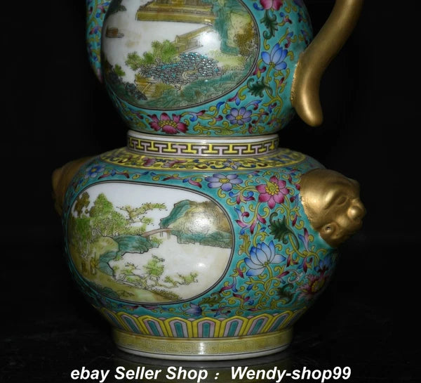 8.6" Qianlong Enamel Color Porcelain Gilt landscape Gourd Wine Pot Teapot