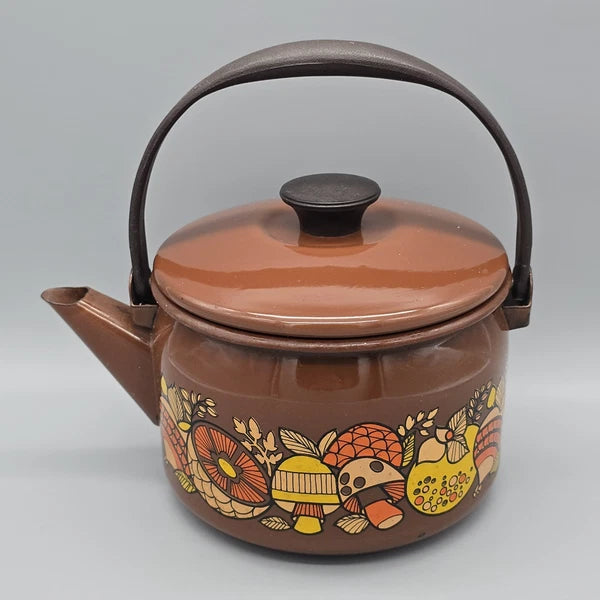 Vintage 70's Mushroom & Fruit Enamelware Brown Tea Kettle With Lid & Handle