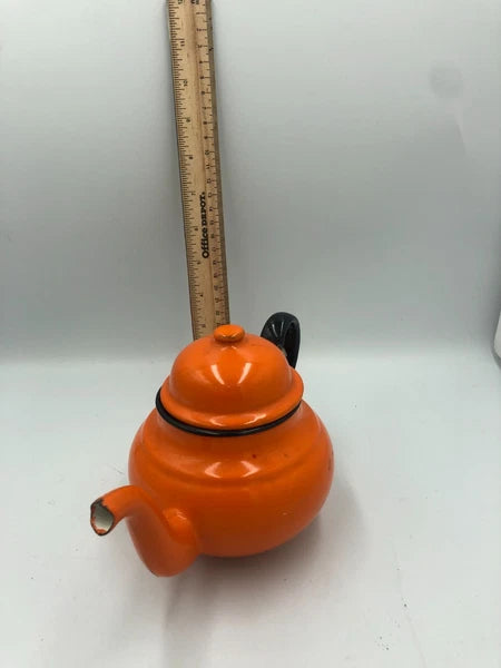 Vintage Huta Silesia Enamelware Orange Teapot 60s-70s