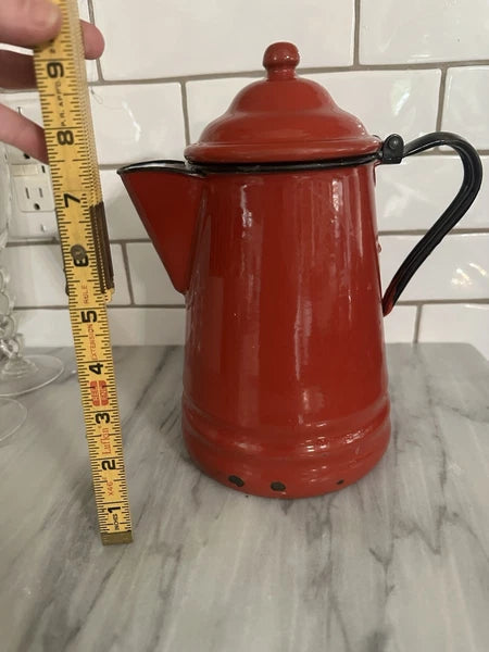Red Enamel Teapot Metal Enamelware Farmhouse Country Vintage French