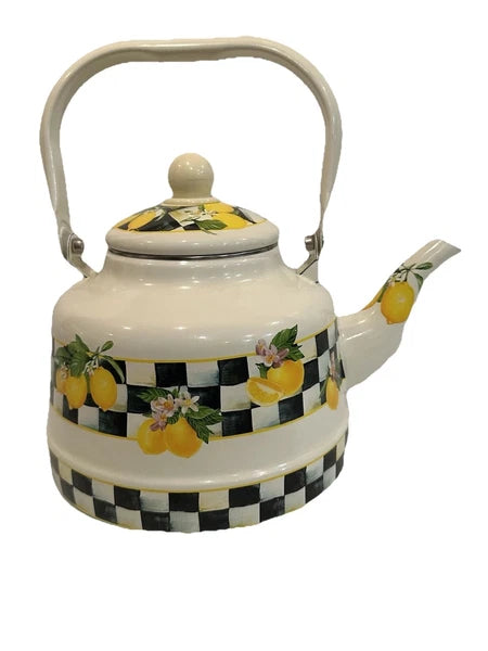 Lemon Checkered Enamel Tea Kettle with Handle and Spout