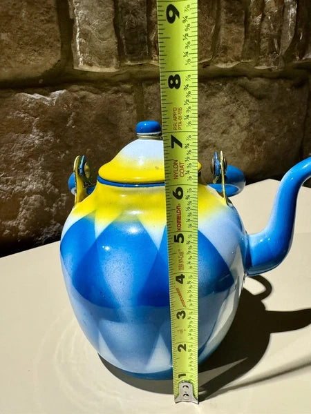 Vintage Antique Enamelware Enamel Yugoslavian Blue Yellow Geometric Teapot