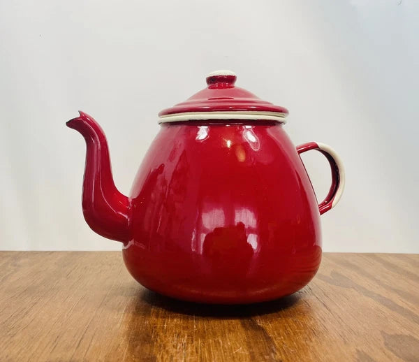 Red Enamelware Tea Kettle 1907 by Emalia Olkusz 5 cup Stovetop Tea Pot Poland
