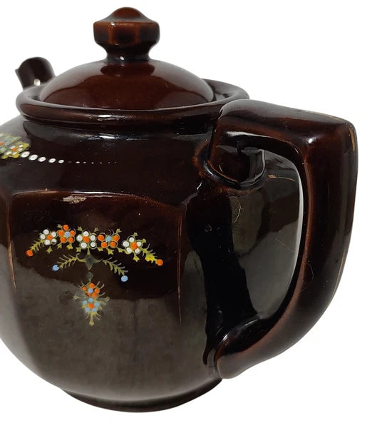 Vintage Brown Betty Redware Teapot Moriage Enamel Hand Painted Made In Japan SEE