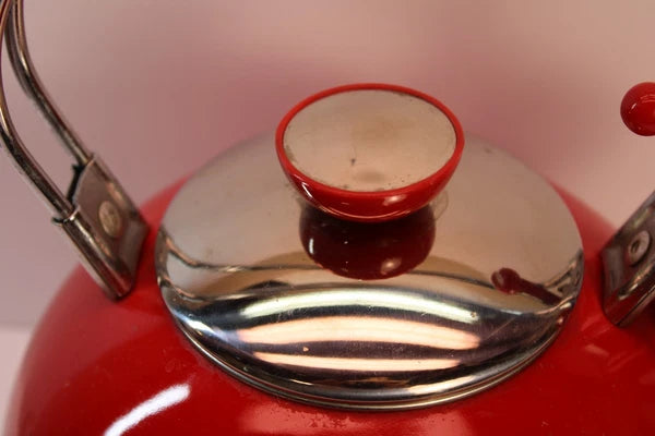 Vtg Copco Red Whistling Teapot Wire Handles 2.5 Qt.