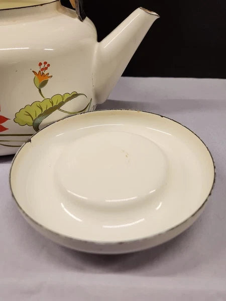 Vintage Saltera Himark Enamel RARE Teapot MCM  Red Orange Floral Wooden Handle