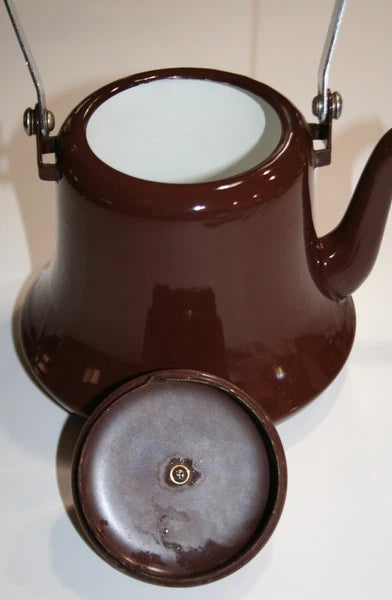 Vintage Enamel Metal Tea Pot with Wooden Handles Chocolate Brown