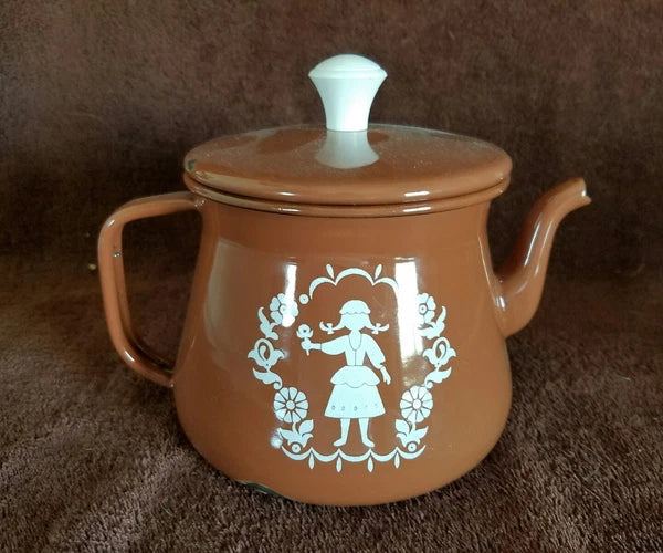Vintage Enamelware Teapot Kettle;Coffee Brown & White