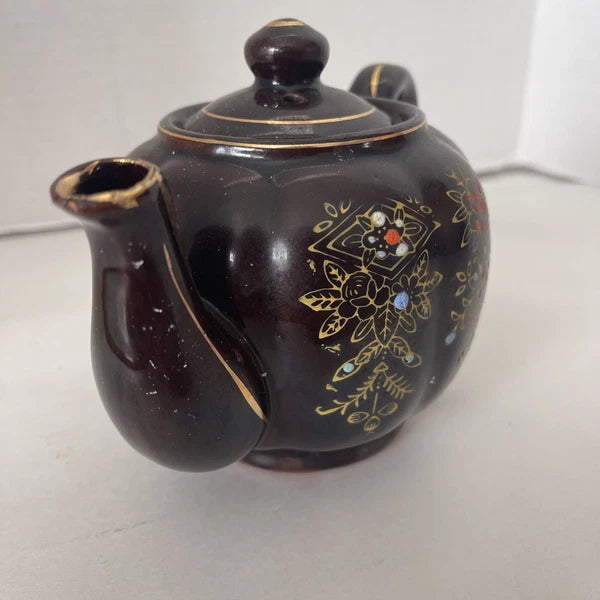 Brown Betty Redware Teapot Moriage Enamel Hand-Painted Mini Japan Vintage 4.5”