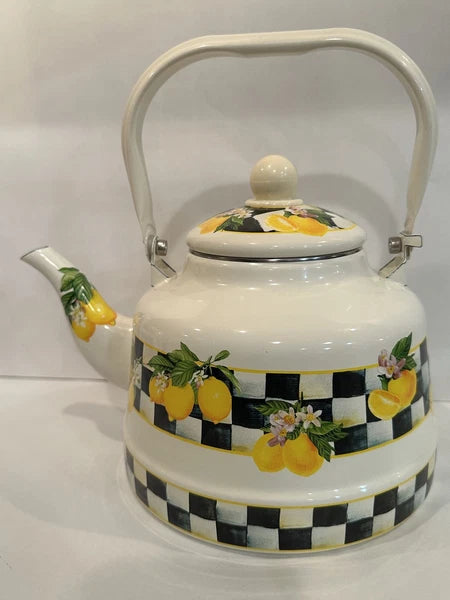 Lemon Checkered Enamel Tea Kettle with Handle and Spout