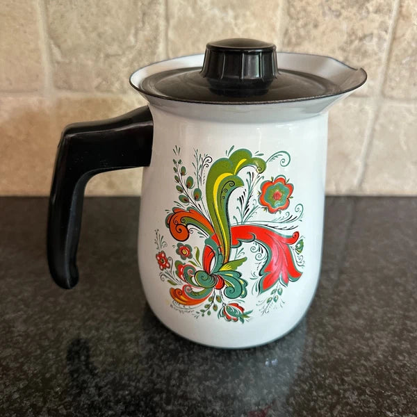 Vtg Berggren Swedish Floral Enamel Coffee Tea Pot Folk Art Design Enamelware