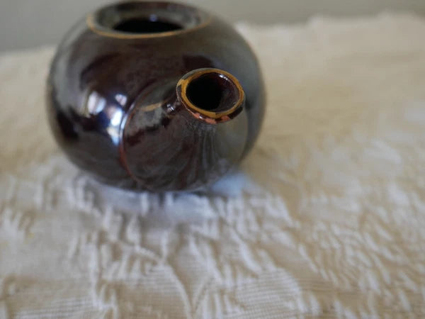 Small Long Redware Teapot Gold Trim Hand Painted Enamel Flowers Vintage Japan