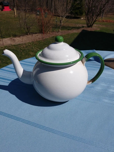 Retro Enamel Teapot With Green Trim