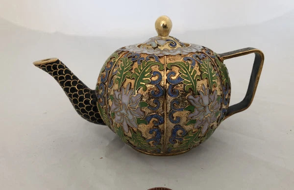 Vintage Cloisonne Enamel and Bronze 2 Teapot Set