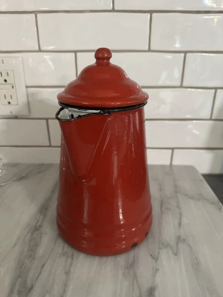 Red Enamel Teapot Metal Enamelware Farmhouse Country Vintage French