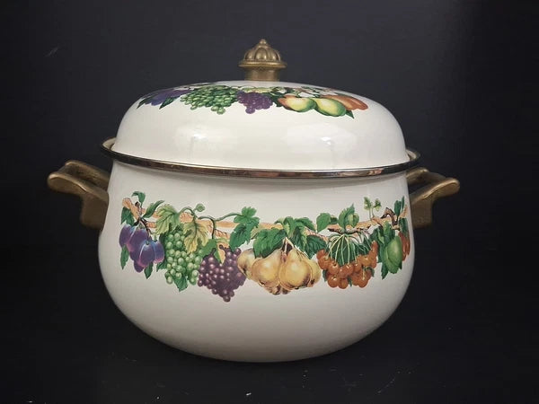 Vtg Lot Enamel Cookware Pots Tabletops Unlimited Cornucopia Teapot Brass Handles