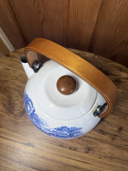 Staffordshire Tea Pot Kettle Enamelware Blue And White Castle Cows Wood Handle