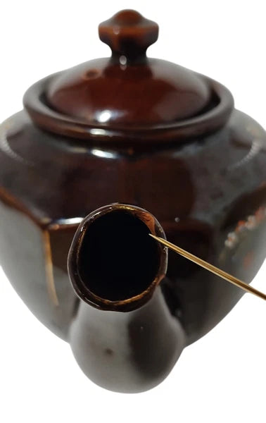 Vintage Brown Betty Redware Teapot Moriage Enamel Hand Painted Made In Japan SEE