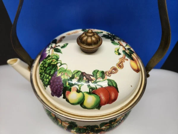 Tabletops Unlimited Vitroceramic Tea Pot With Lid Enamel Fruit Pattern