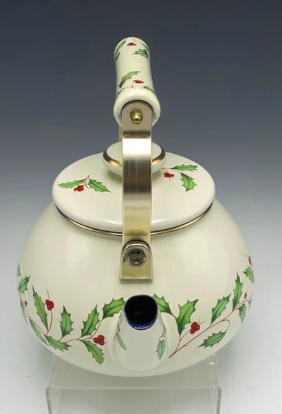 Lenox Holiday Tea Kettle Holly Berry Metal Enamel Gold Trim Teapot with Lid