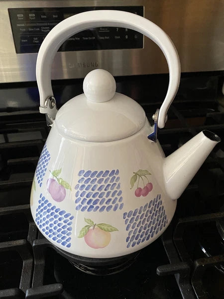 Teapot White Enamel Fruit Pear Cherries Plum Peach Blue 2 Qt Tea Pot