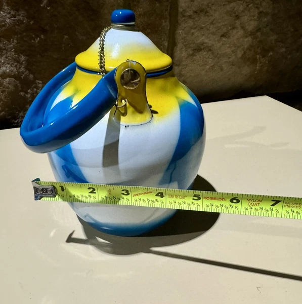 Vintage Antique Enamelware Enamel Yugoslavian Blue Yellow Geometric Teapot