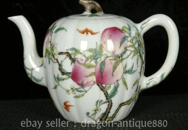 6.2" Old China Qianlong Marked Colour Enamel Porcelain Fushou Bat Peach Teapot