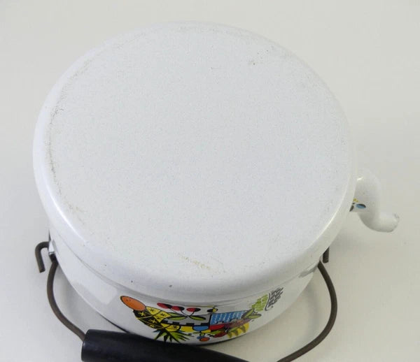 Vintage White Enamelware Metal Teapot / Tea Kettle with Retro Fruit Bowl Design