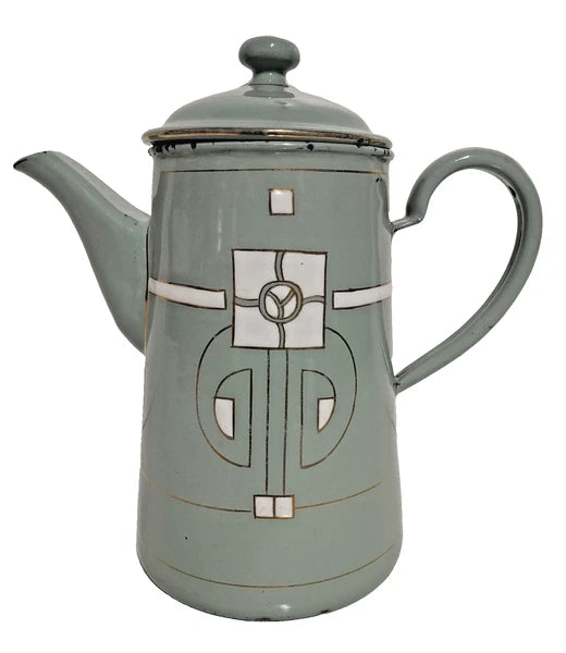 Antique Art Nouveau Jugendstil Blue Enamelware W/ Raised Elements Teapot Kettle