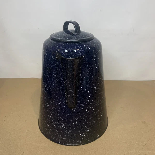 Vintage Enamelware Coffee Tea Pot Kettle & 7 Cups Blue & White Speckled