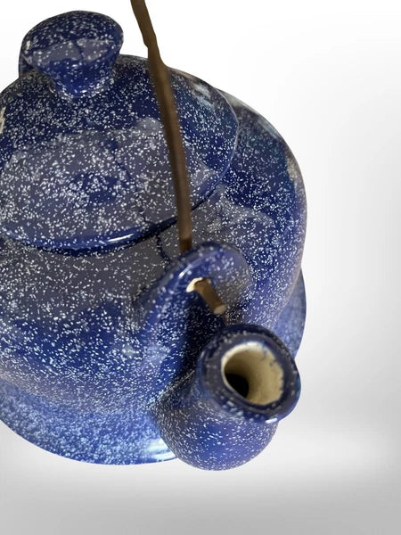Vintage  Blue Spatterware Teapot Enamel Ceramic Metal Handle 5 1/2”x 6 1/4 Dia.