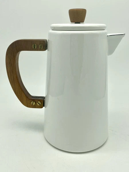 Hearth & Hand Magnolia 6c White Enamelware Teapot Kettle Pitcher Wood Handle EUC